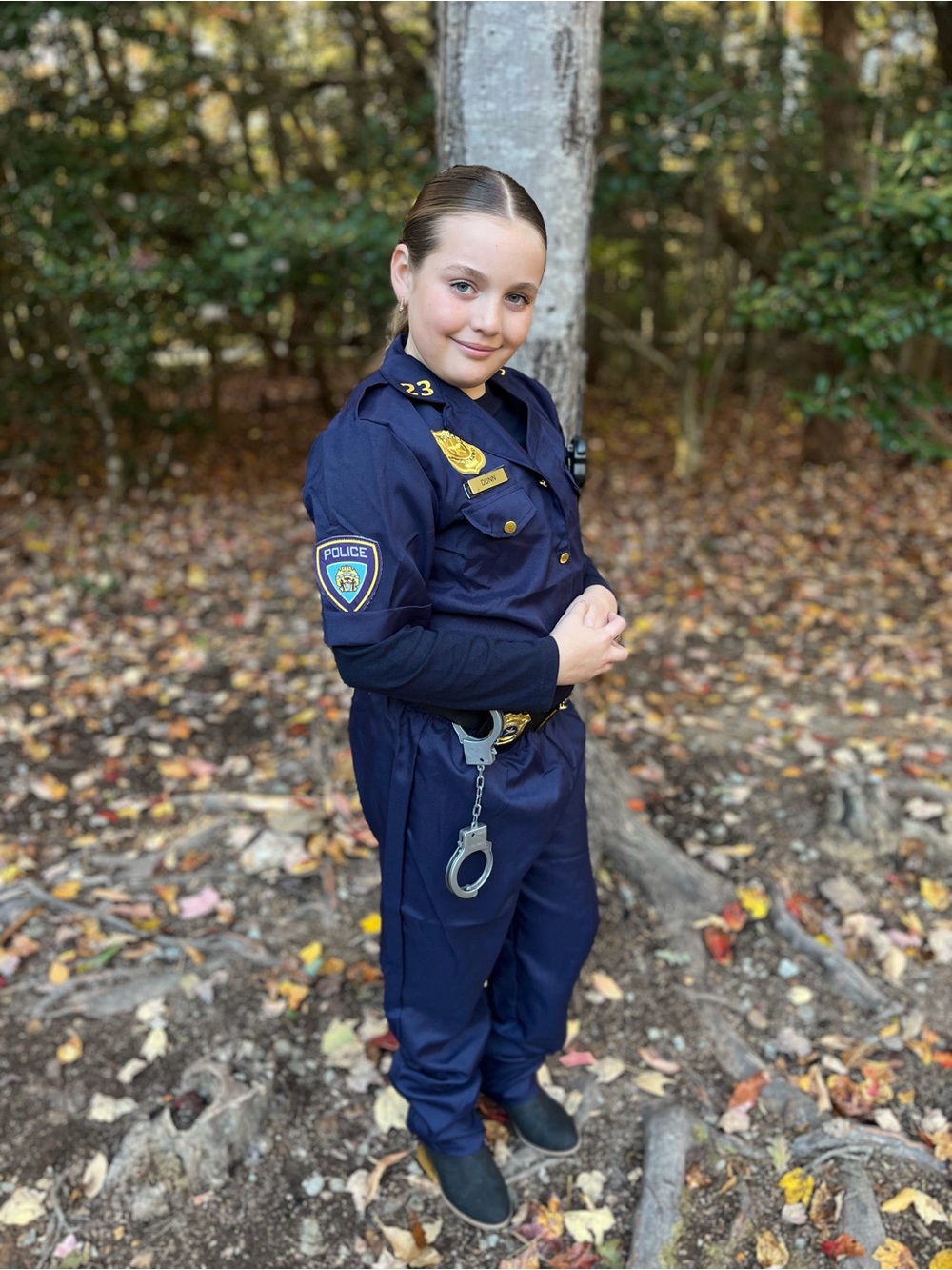 Navy Police Officer Costume with Badge and Handcuff Accessory